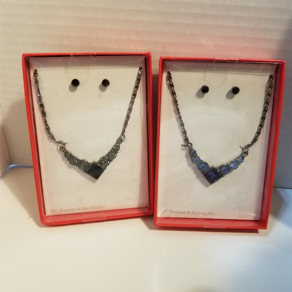 Two sets of new necklaces and earrings 18" blue/black gunmetal gray